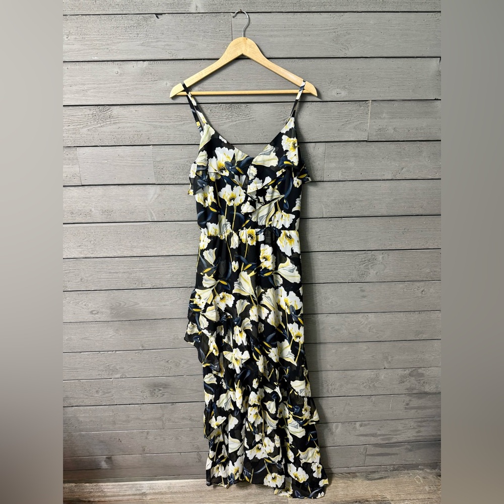 INC International Concepts Black Navy Yellow Floral Ruffle Asymmetrical Dress 4